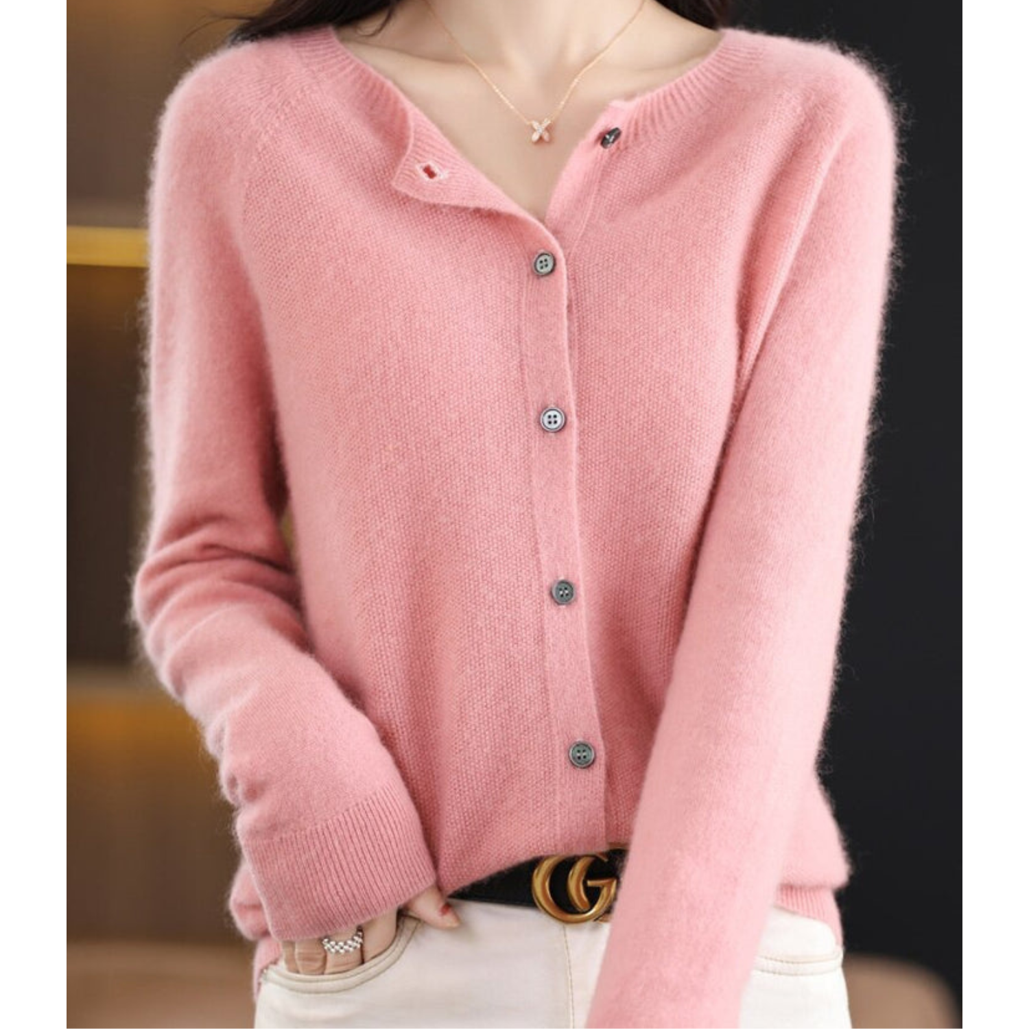 LORINA - Reine Merinowolle Damen Rundhals Cardigan Kaschmir Pullover