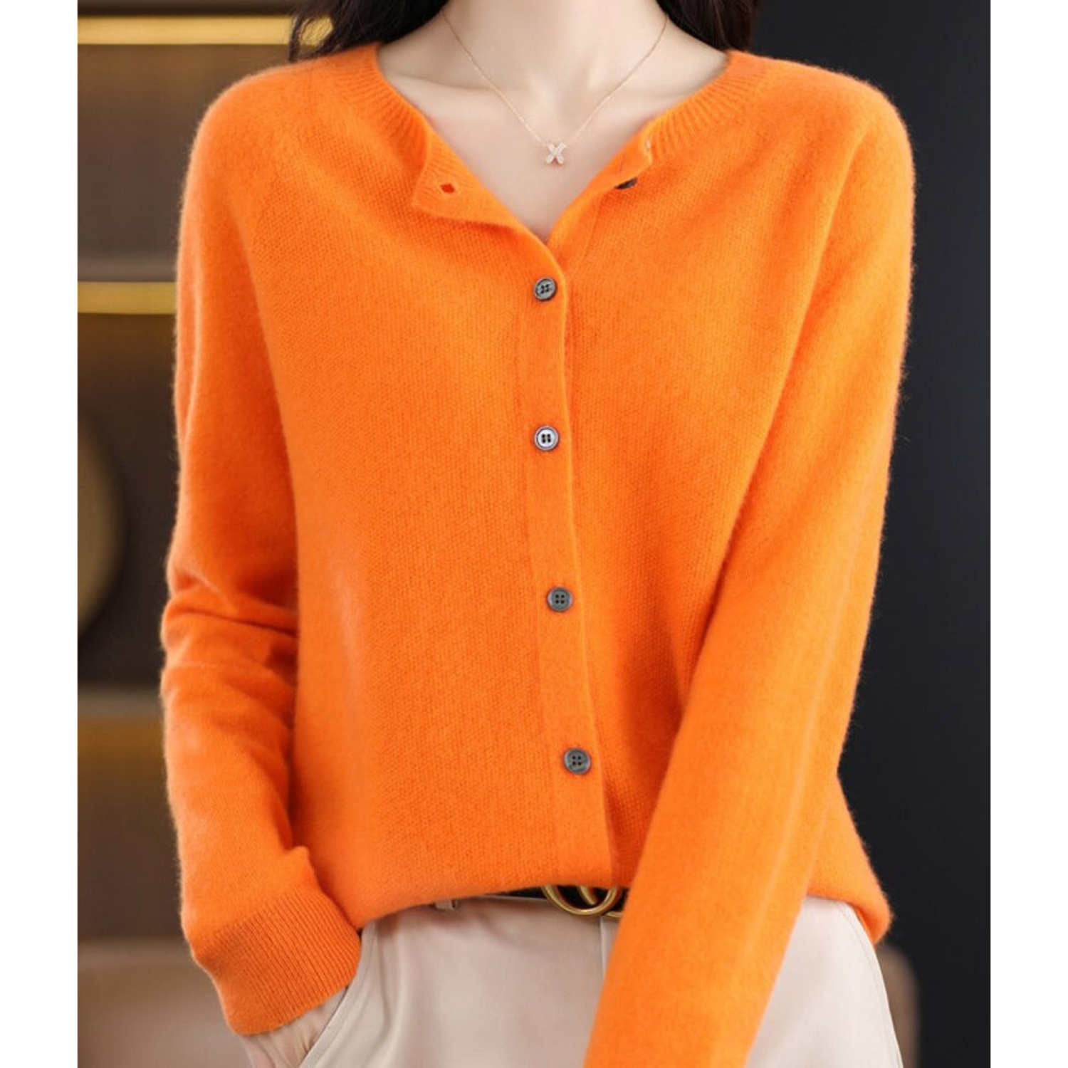 LORINA - Reine Merinowolle Damen Rundhals Cardigan Kaschmir Pullover