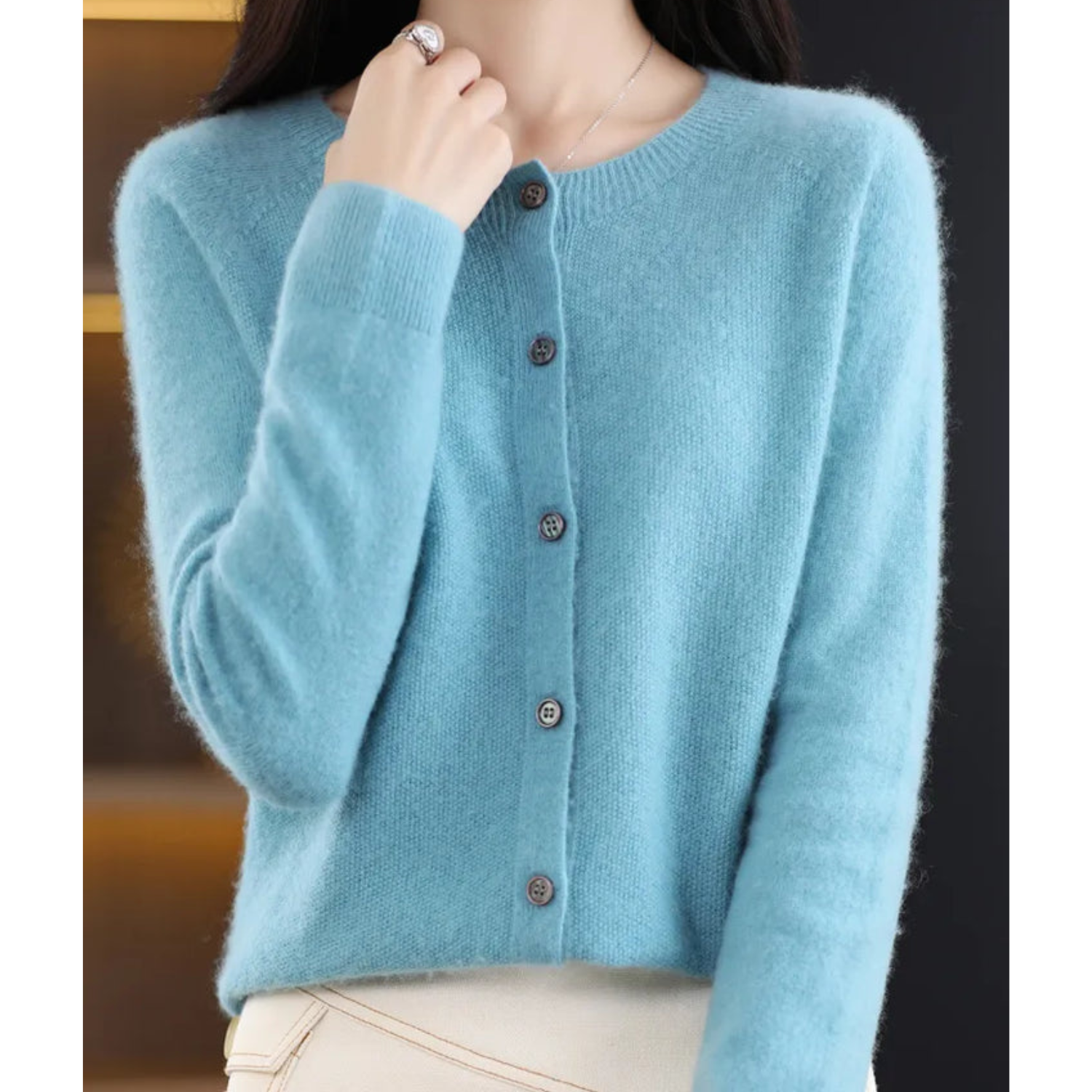 LORINA - Reine Merinowolle Damen Rundhals Cardigan Kaschmir Pullover
