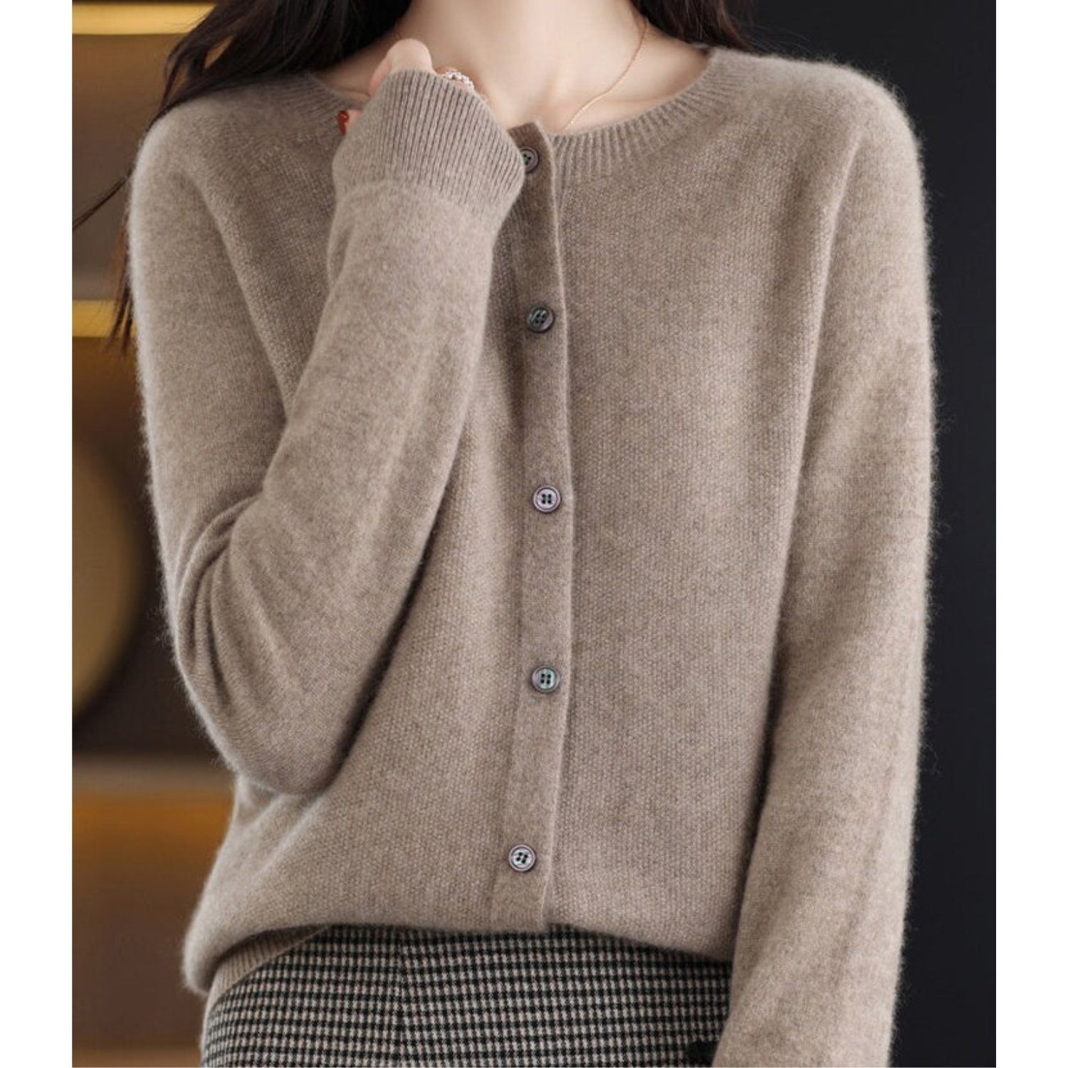LORINA - Reine Merinowolle Damen Rundhals Cardigan Kaschmir Pullover