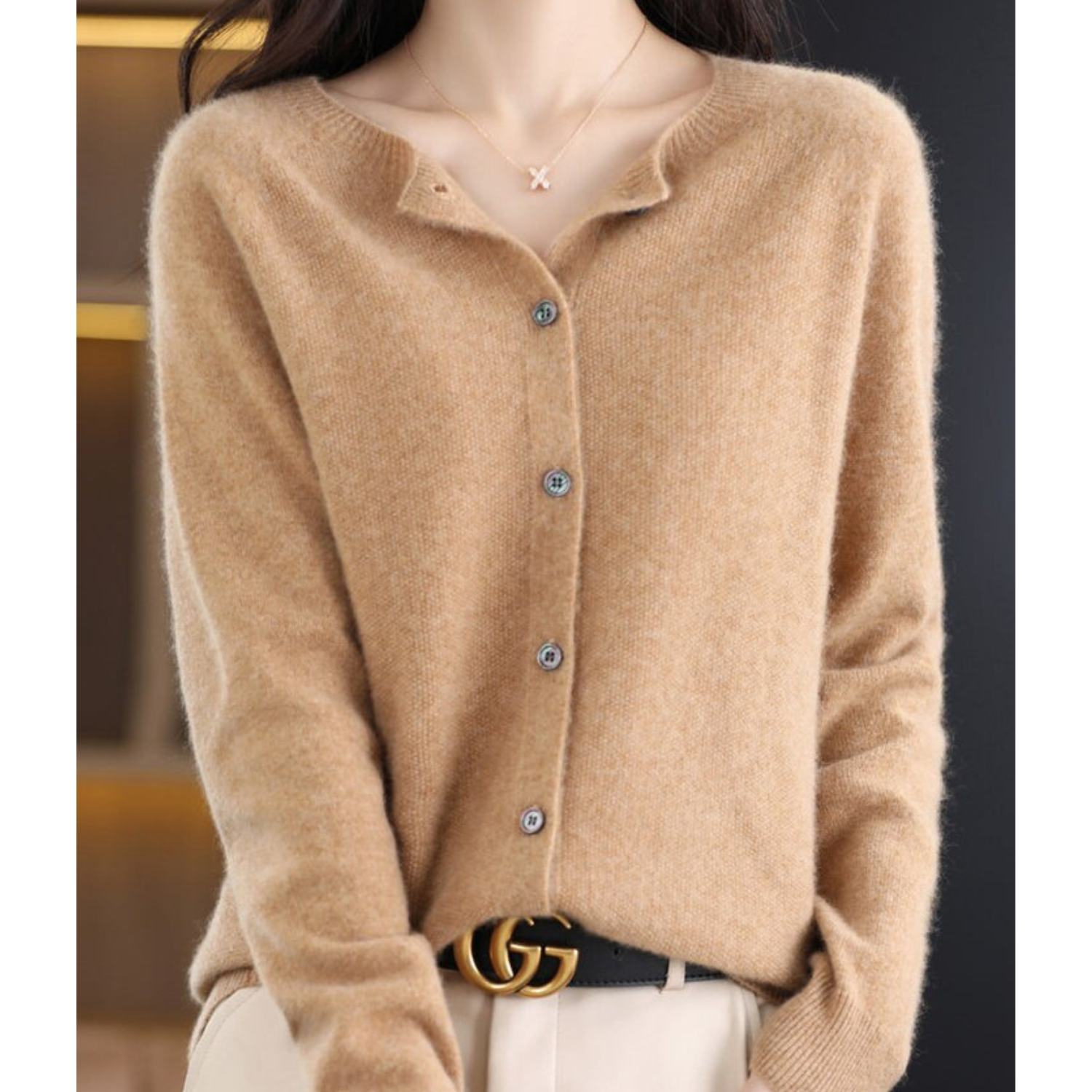 LORINA - Reine Merinowolle Damen Rundhals Cardigan Kaschmir Pullover