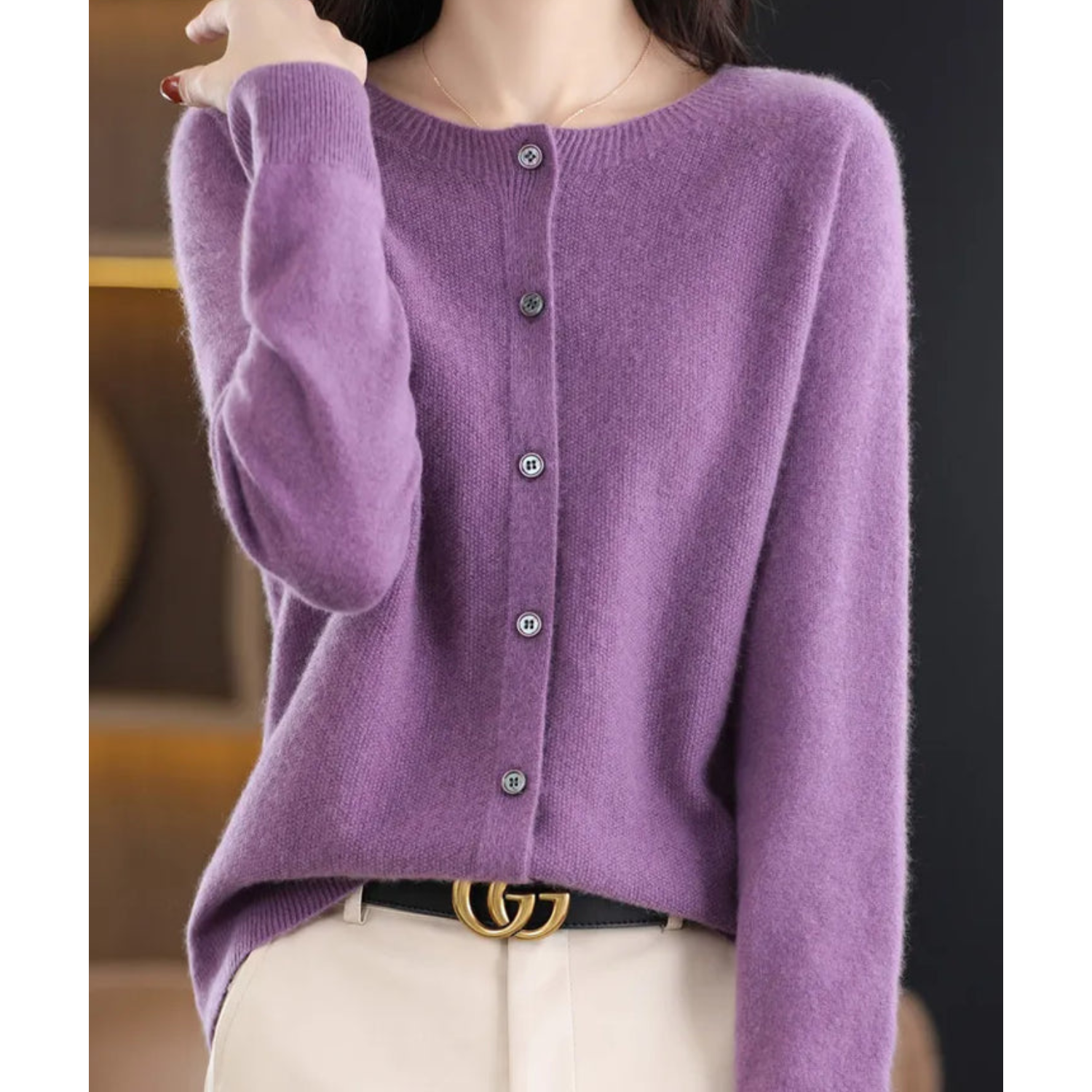 LORINA - Reine Merinowolle Damen Rundhals Cardigan Kaschmir Pullover