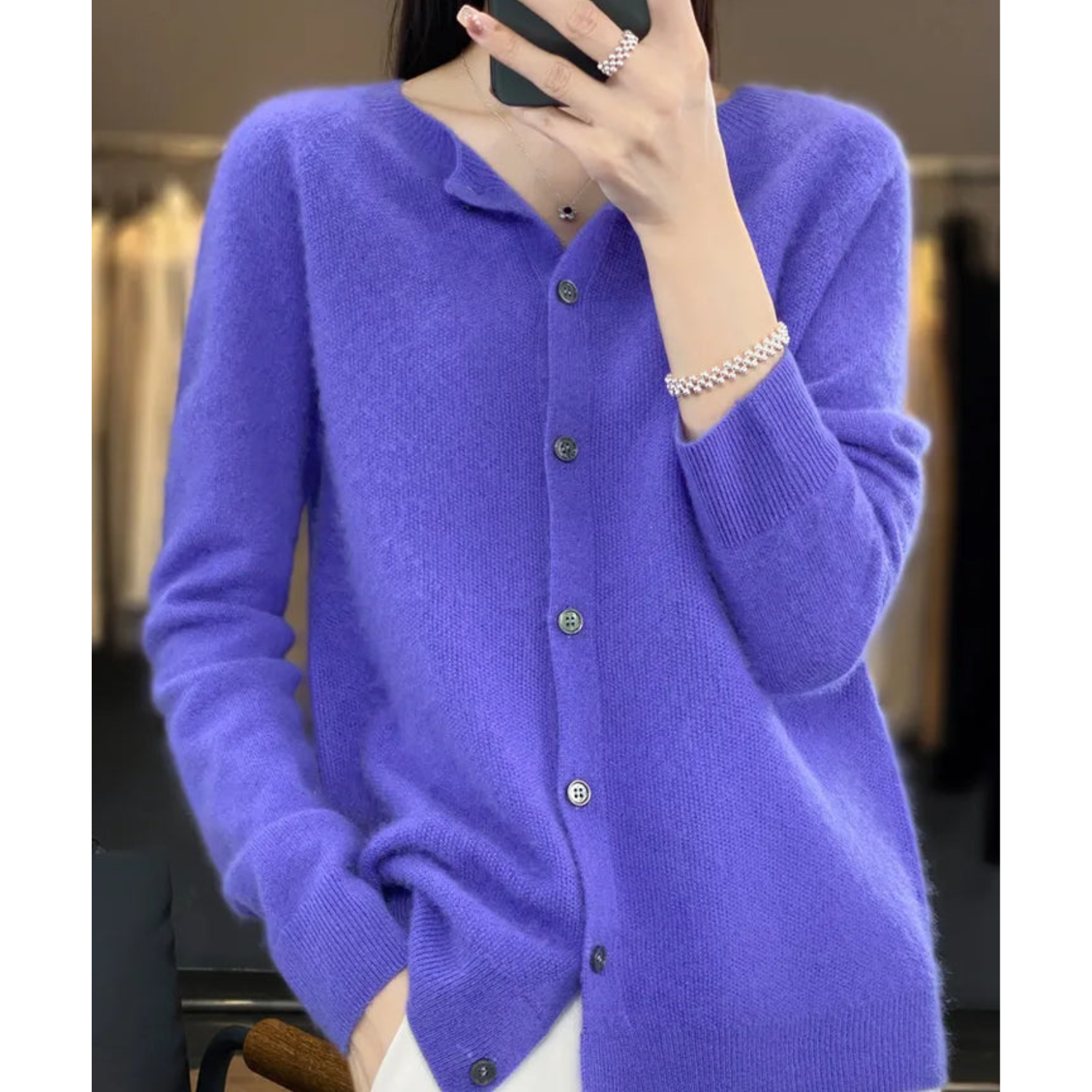LORINA - Reine Merinowolle Damen Rundhals Cardigan Kaschmir Pullover