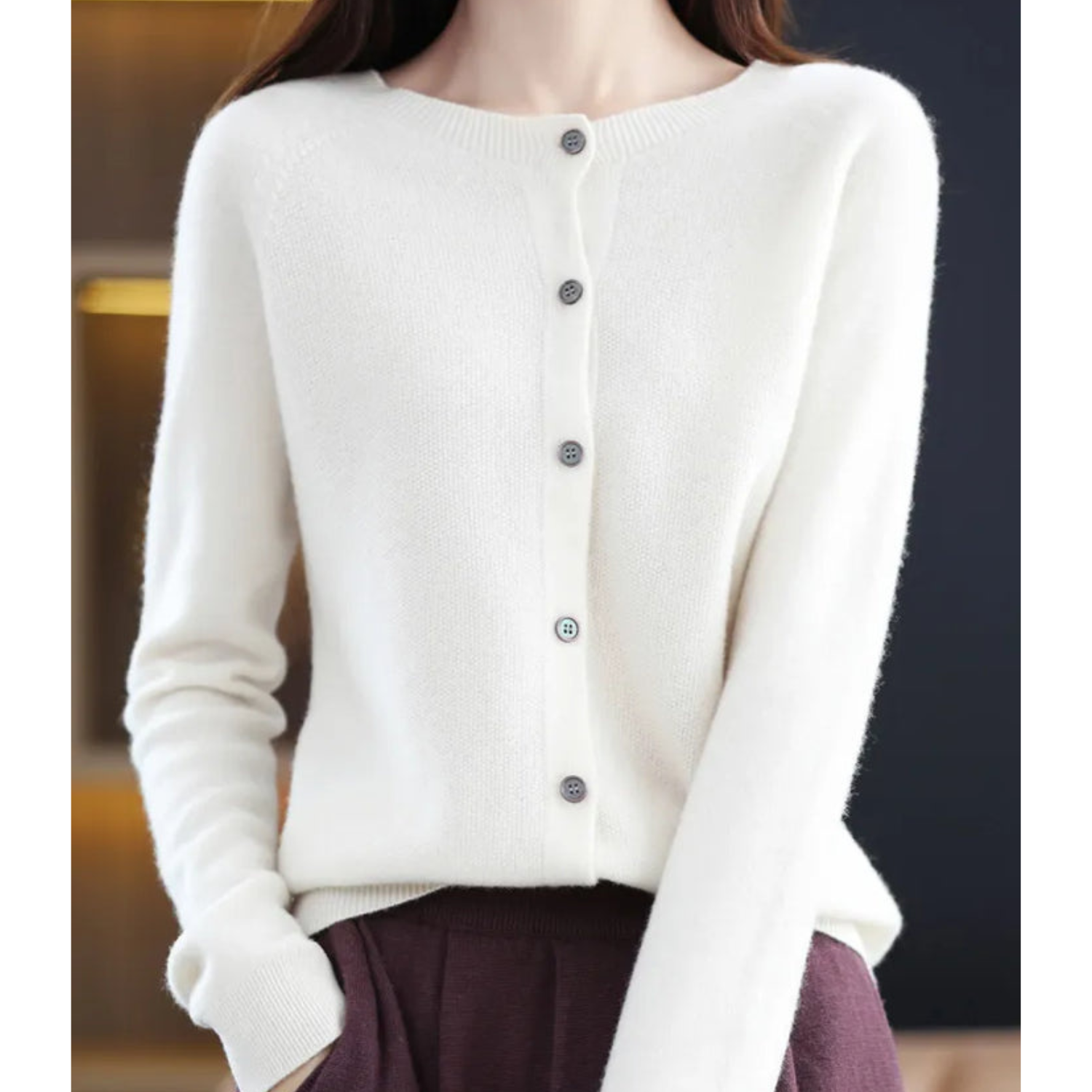 LORINA - Reine Merinowolle Damen Rundhals Cardigan Kaschmir Pullover