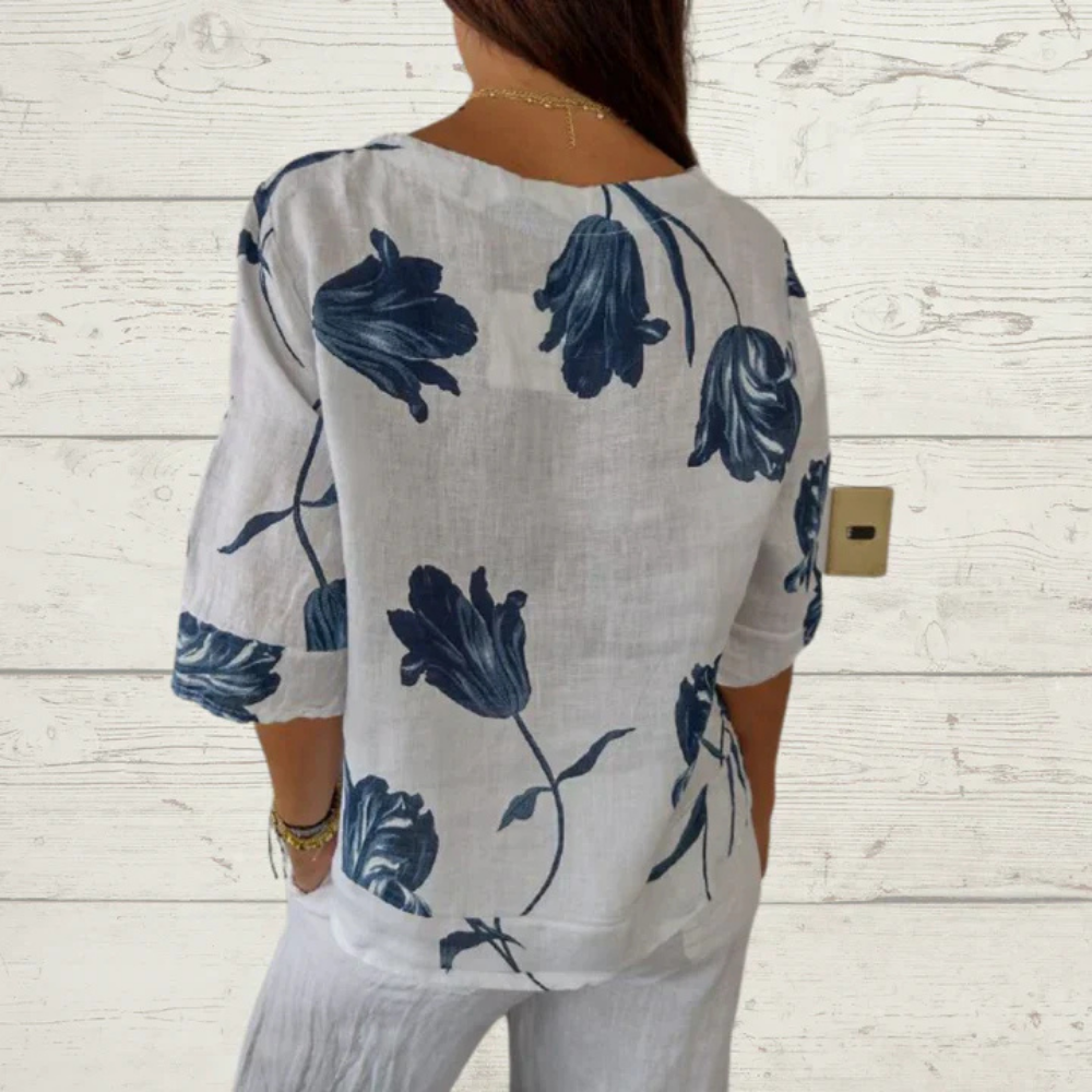 ELENA - Luftige Leinenbluse mit Blumenmuster für Damen