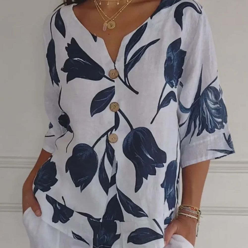 ELENA - Luftige Leinenbluse mit Blumenmuster für Damen