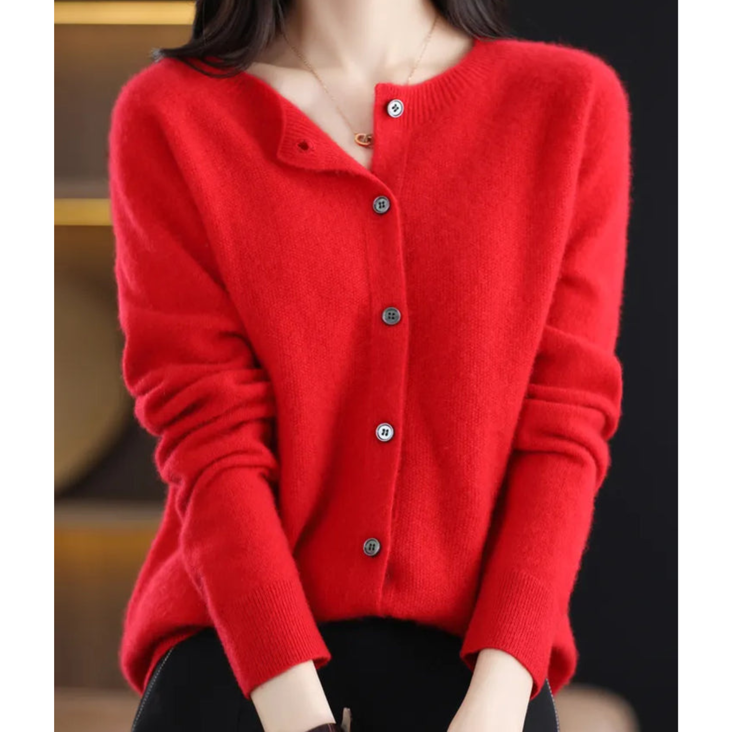 LORINA - Reine Merinowolle Damen Rundhals Cardigan Kaschmir Pullover