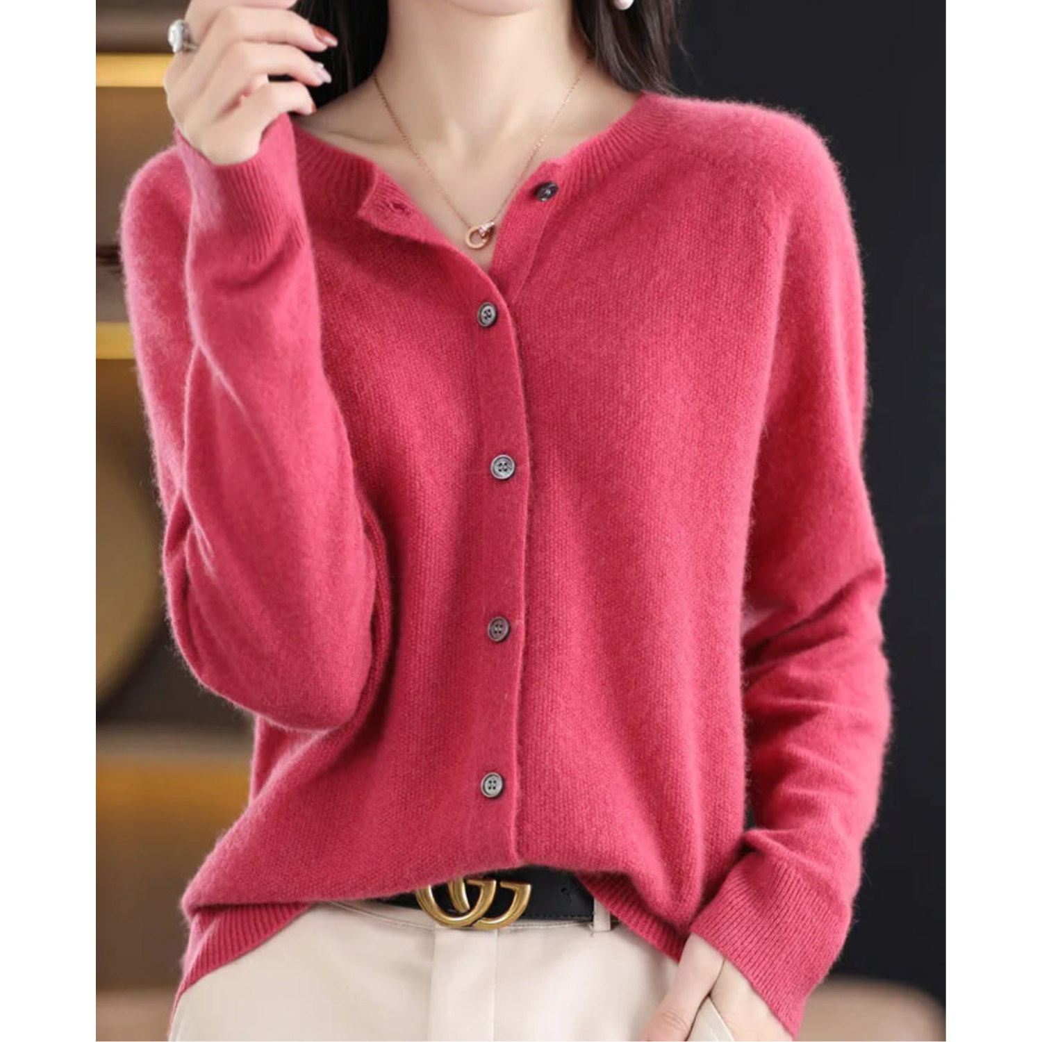 LORINA - Reine Merinowolle Damen Rundhals Cardigan Kaschmir Pullover