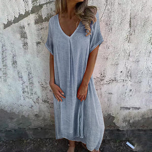 MaxiBreez - Vrouwen Loose V-hals Katoenen Linnen Jurk