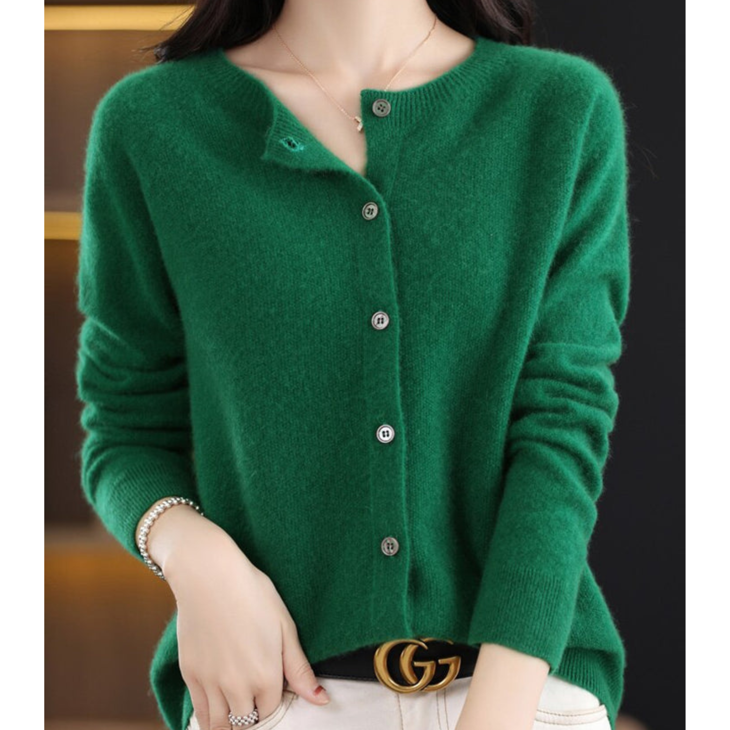 LORINA - Reine Merinowolle Damen Rundhals Cardigan Kaschmir Pullover