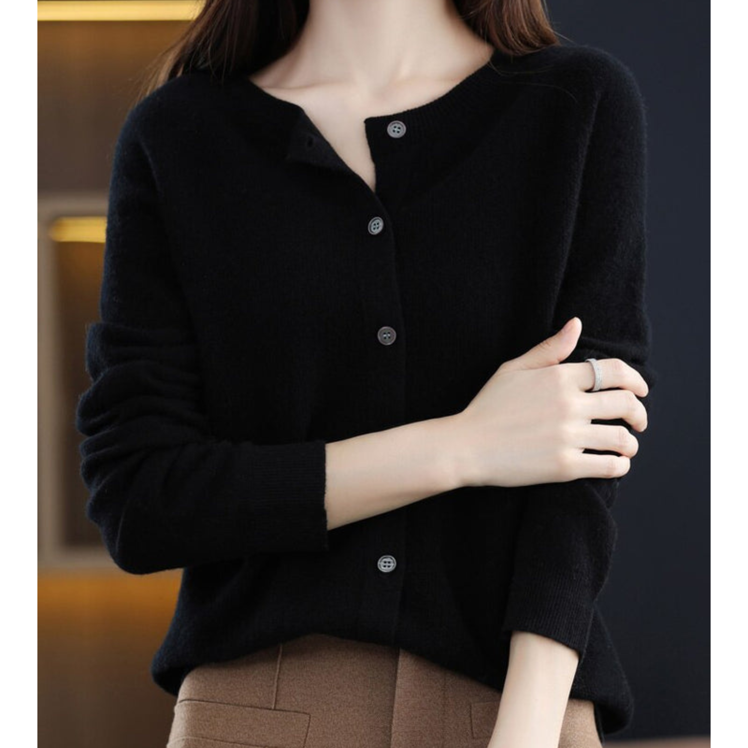 LORINA - Reine Merinowolle Damen Rundhals Cardigan Kaschmir Pullover