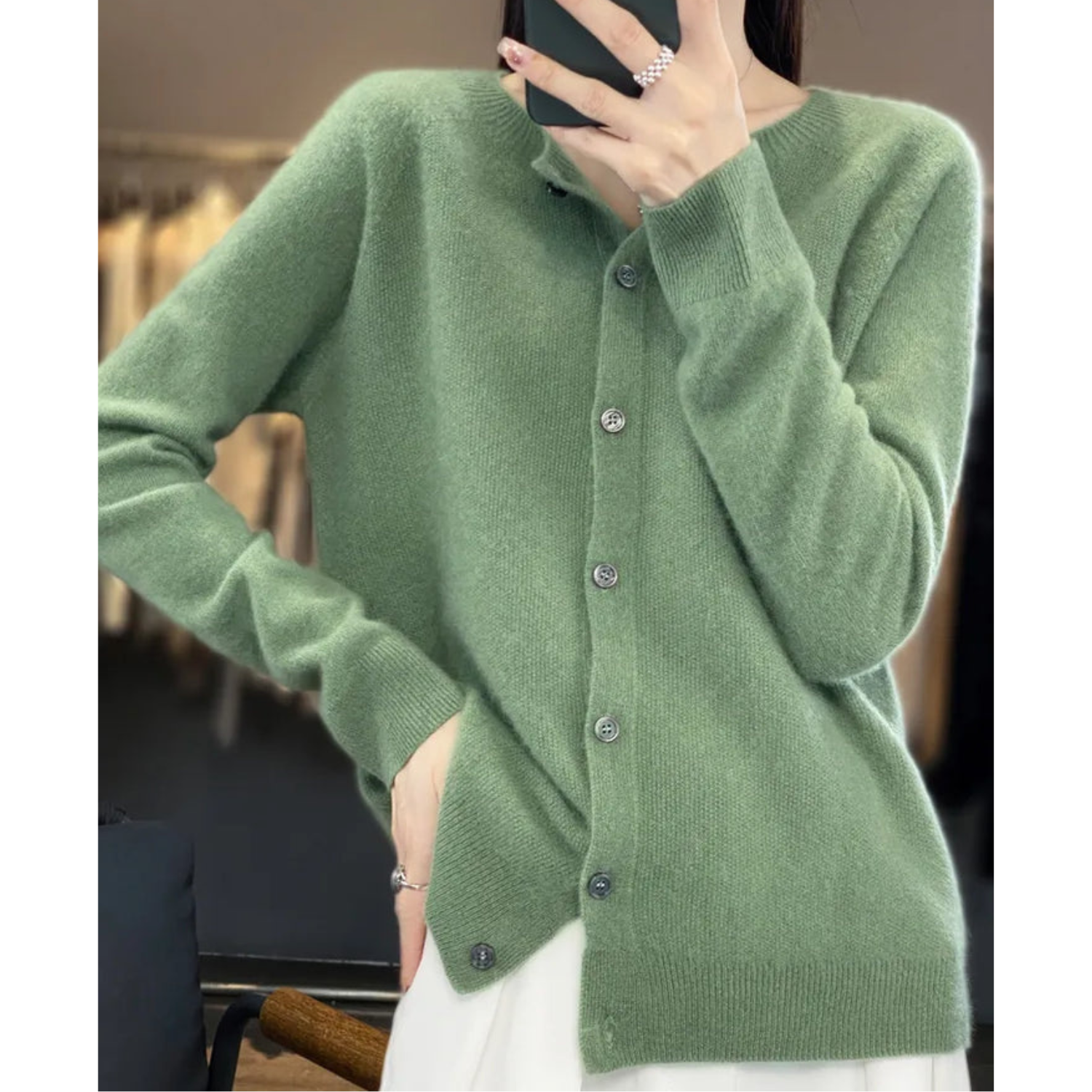 LORINA - Reine Merinowolle Damen Rundhals Cardigan Kaschmir Pullover