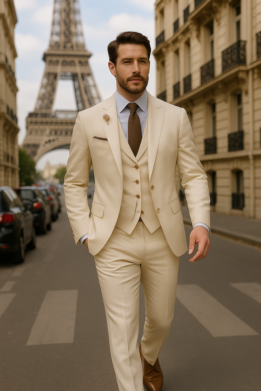 LEANDRO - Herrenanzug beige 3-teilig klassischer Stil für Hochzeit und Geschäft