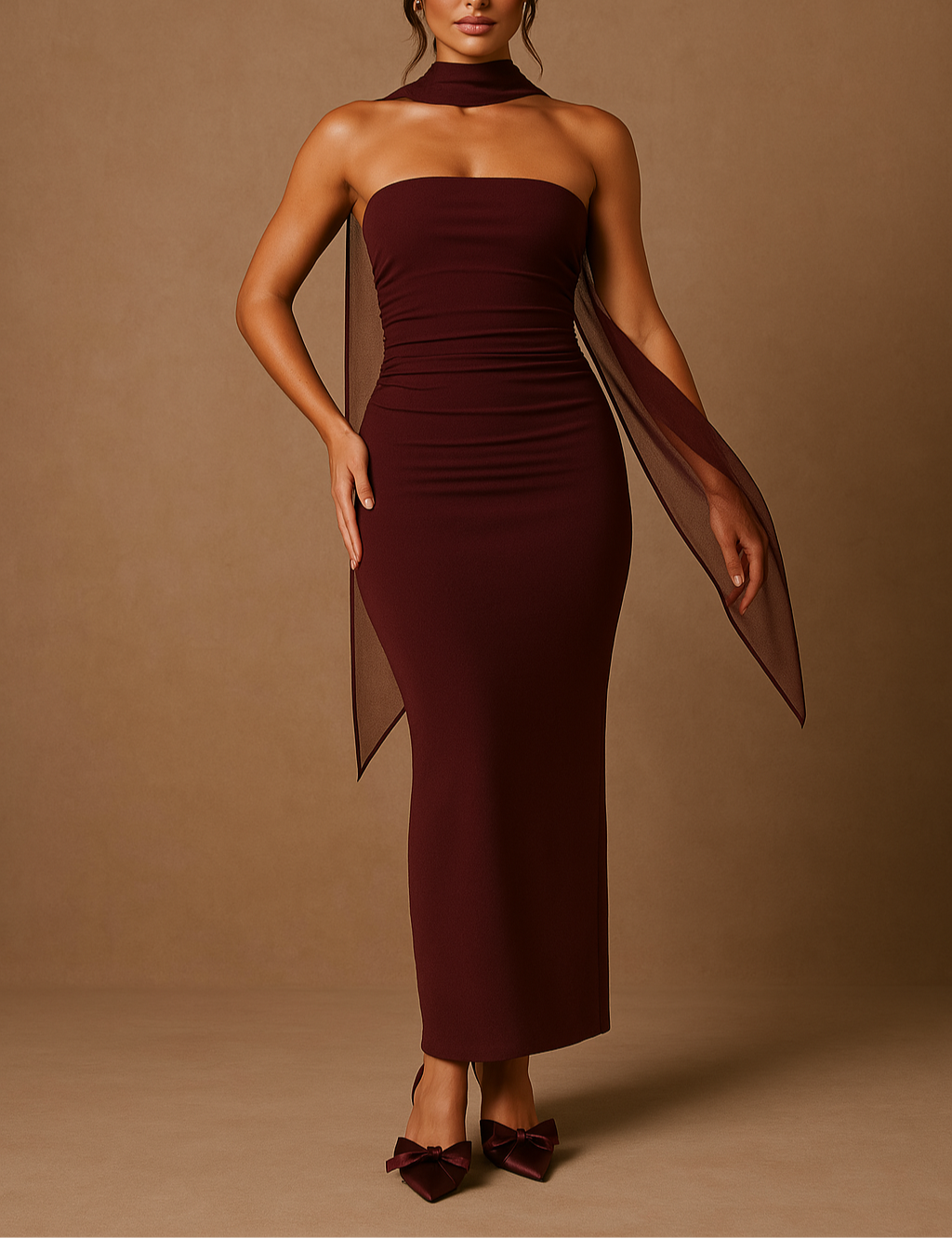 Maxi-Kleid Damen schulterfrei kirschrot Polyester figurbetont Sommer elegant