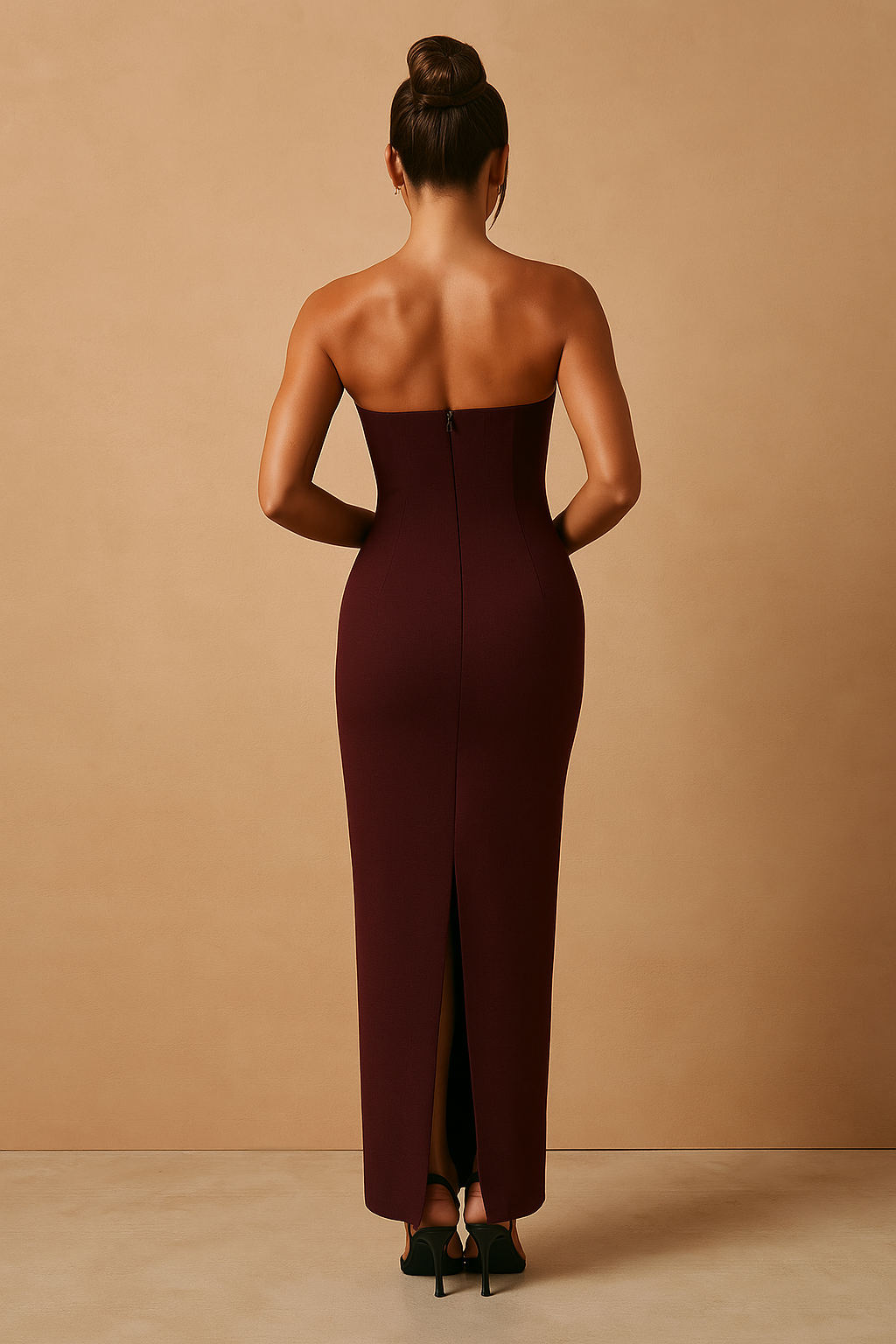 Maxi-Kleid Damen schulterfrei kirschrot Polyester figurbetont Sommer elegant