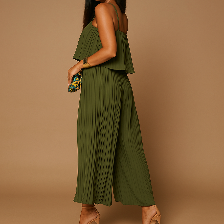 Kaki gefalteter Overall aus einem Stück aus 100 % Polyester, elegant für Partys und Freizeit