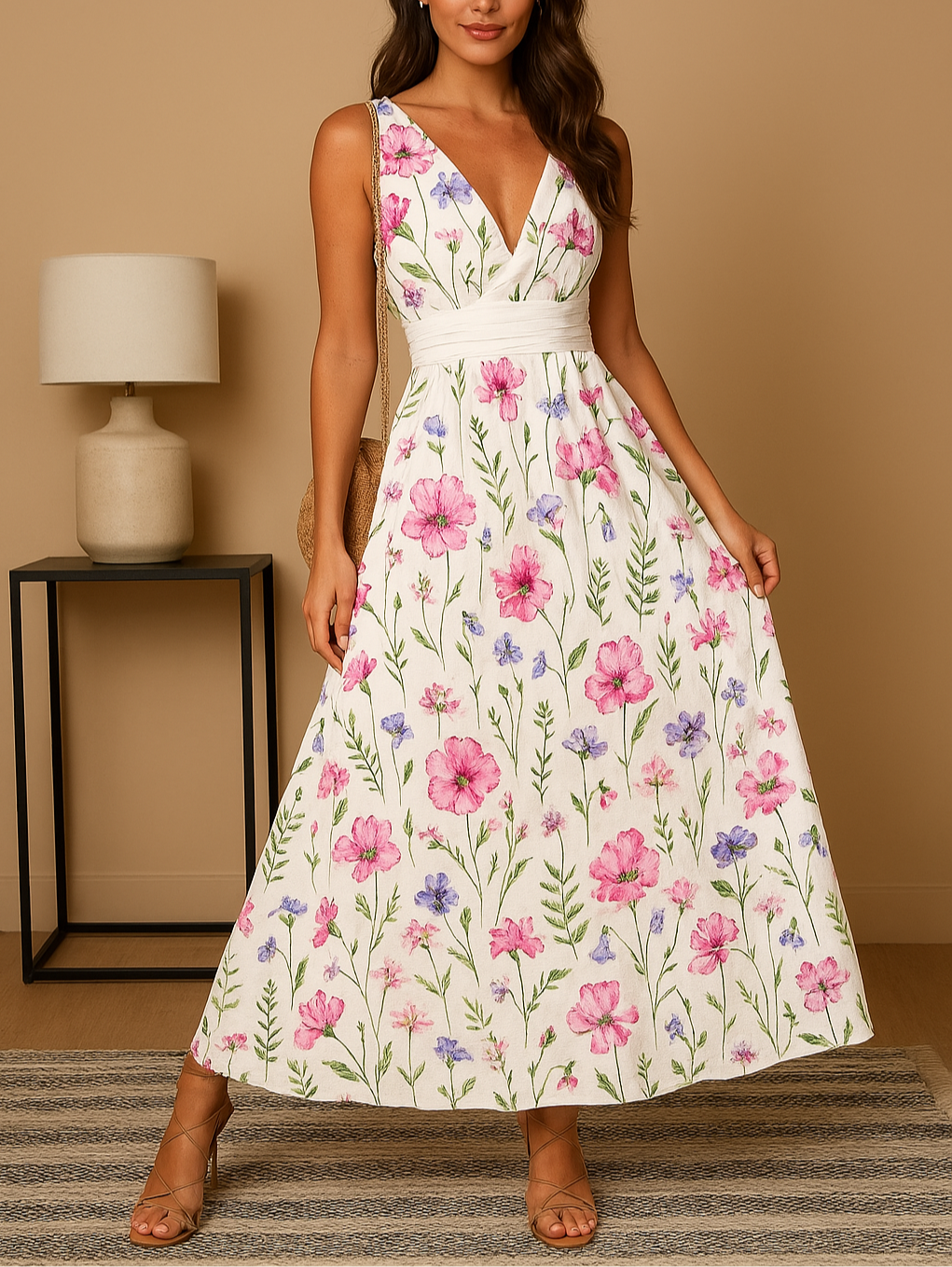 Ramy Damen Maxi-Kleid - Elegantes Sommerkleid mit Blumenmuster und Taillenschnitt