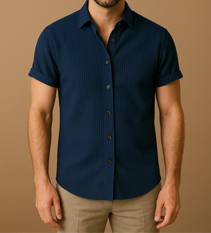 LEONARDO - Blauw kortarm heren overhemd van ademend katoen voor de zomer