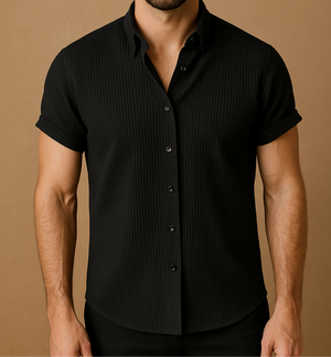 LEONARDO - Blauw kortarm heren overhemd van ademend katoen voor de zomer