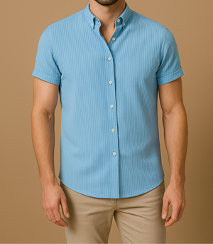 LEONARDO - Blauw kortarm heren overhemd van ademend katoen voor de zomer