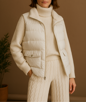 Dames lenteset beige katoenen trui en broek met hoge taille