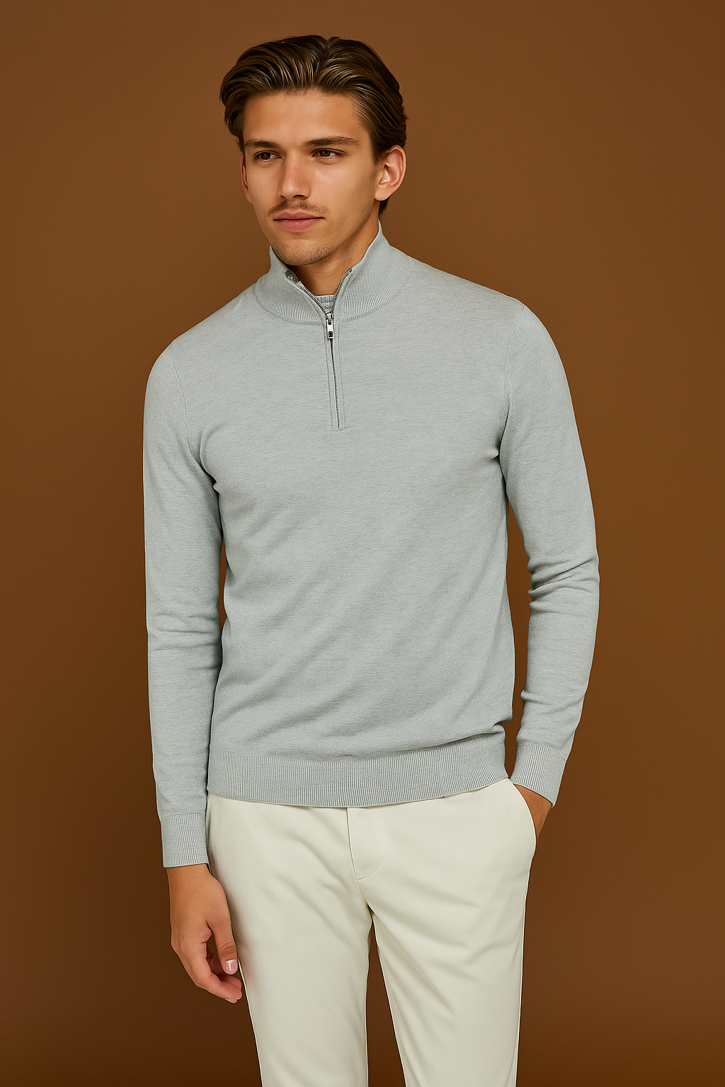ORIAN | Hellgrauer Essential Half Zip Pullover - Herren