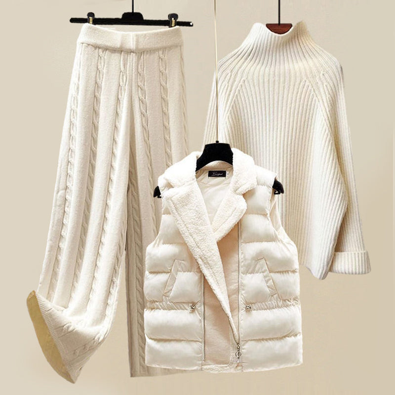 Damen Brillenset beige Baumwollpullover und Hose mit hoher Taille