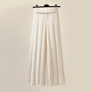 Dames lenteset beige katoenen trui en broek met hoge taille