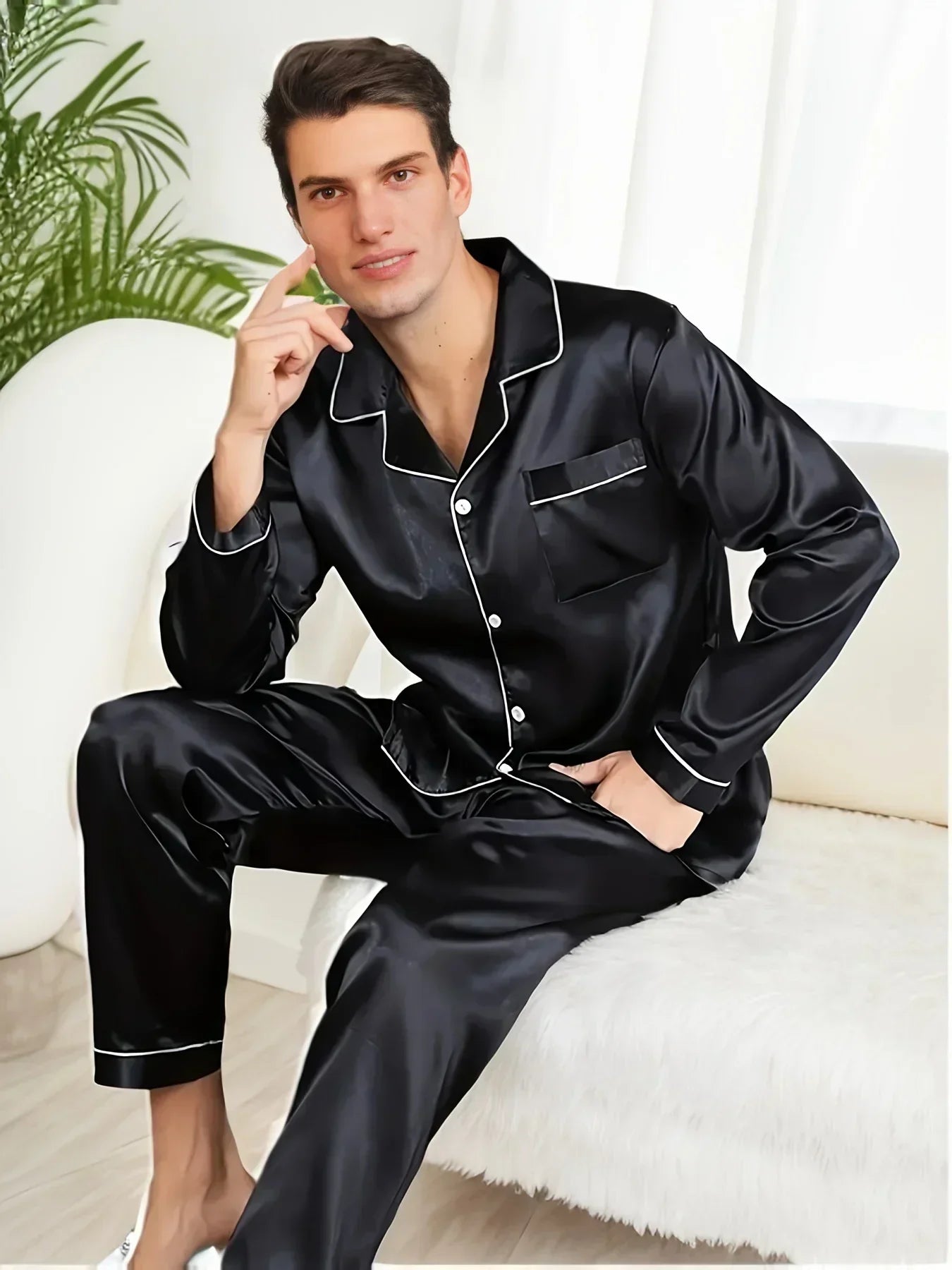 LUXOR - Schwarzes Seiden-Pyjama-Set für Herren, stilvoll und bequem