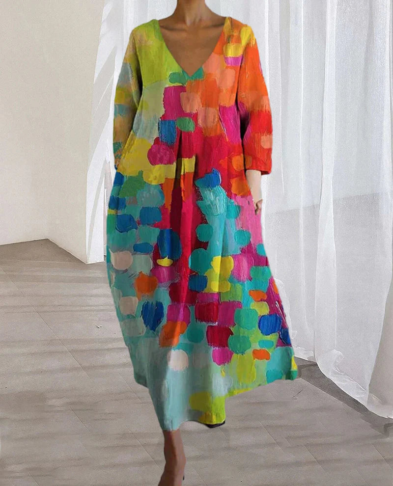 ELVINA - Elegantes Sommerkleid mit buntem Print und V-Ausschnitt