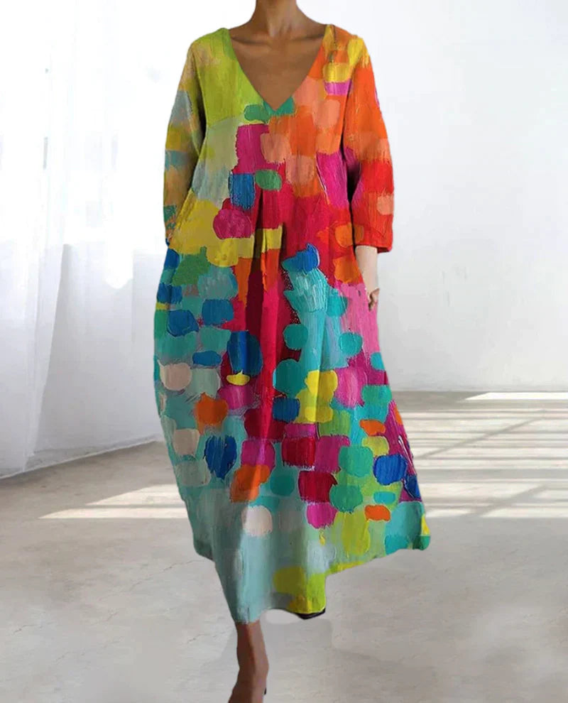 ELVINA - Elegantes Sommerkleid mit buntem Print und V-Ausschnitt