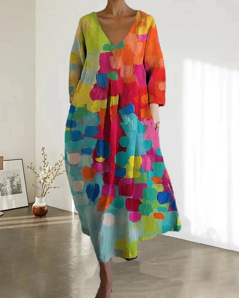 ELVINA - Elegantes Sommerkleid mit buntem Print und V-Ausschnitt