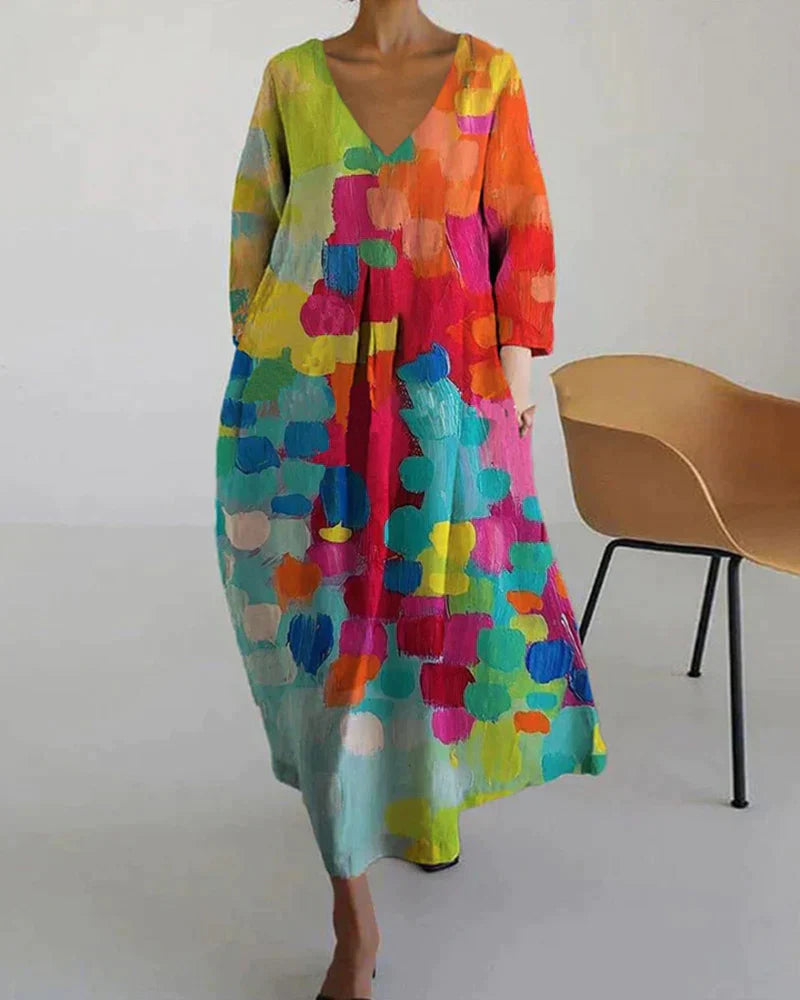 ELVINA - Elegantes Sommerkleid mit buntem Print und V-Ausschnitt