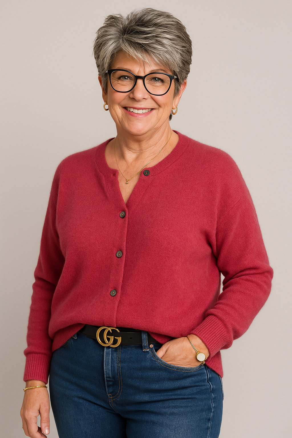 LORINA - Reine Merinowolle Damen Rundhals Cardigan Kaschmir Pullover