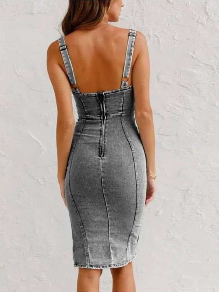 Midi-Kleid Damen Denim verstellbare Träger Bodycon