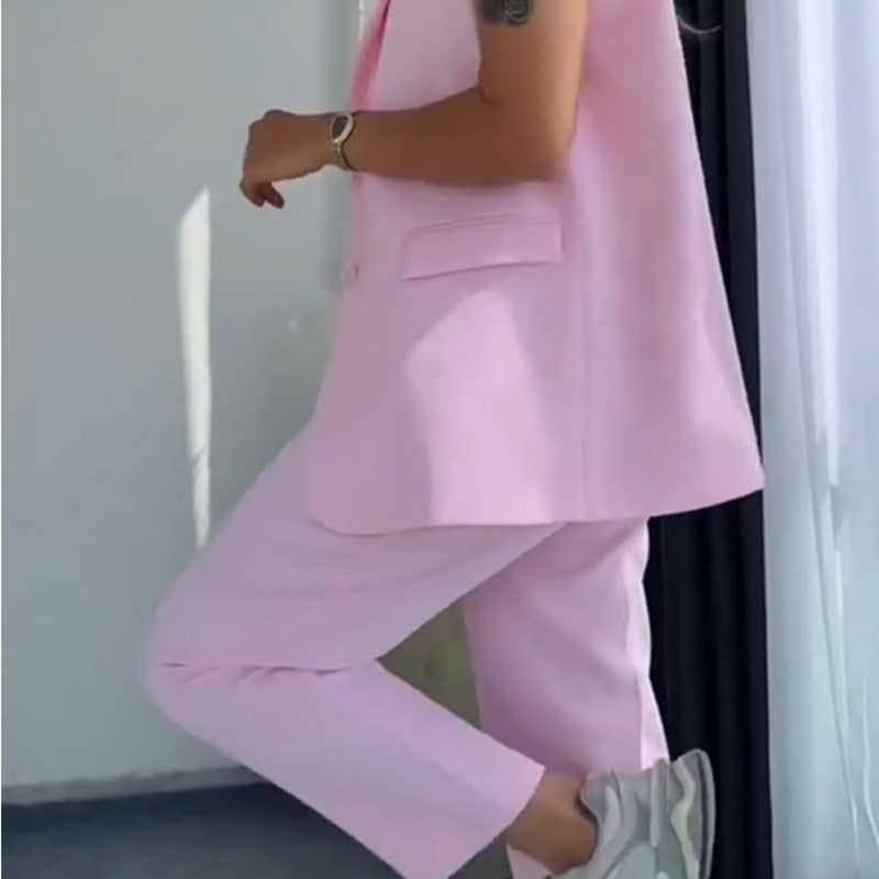 Dames Stylish Mouwloze Blazer & Hoog Getailleerde Broek Set