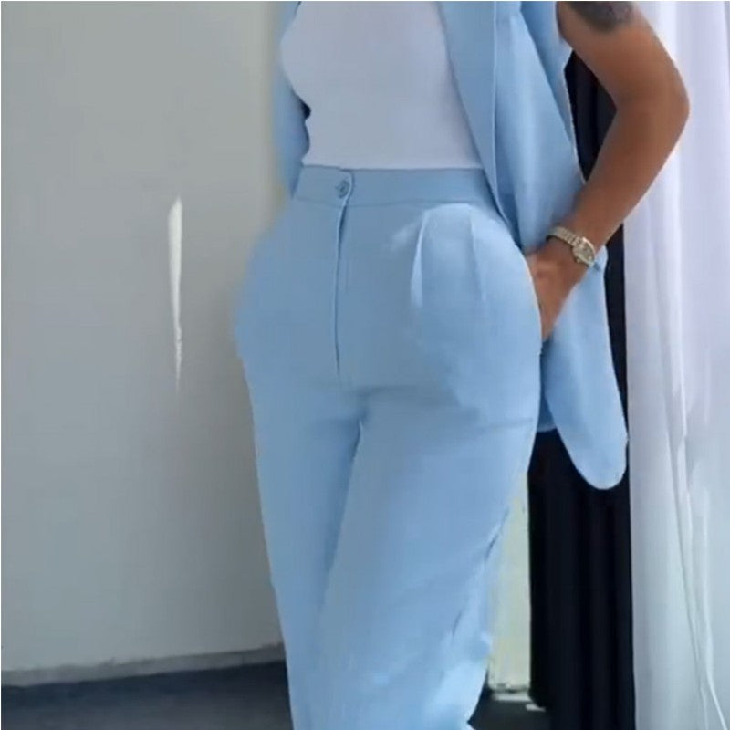 Dames Stylish Mouwloze Blazer & Hoog Getailleerde Broek Set