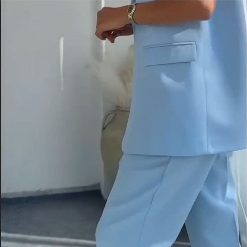 Dames Stylish Mouwloze Blazer & Hoog Getailleerde Broek Set