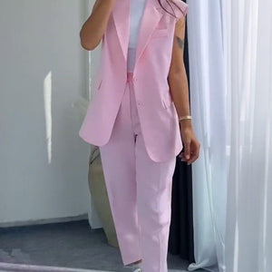 Dames Stylish Mouwloze Blazer & Hoog Getailleerde Broek Set