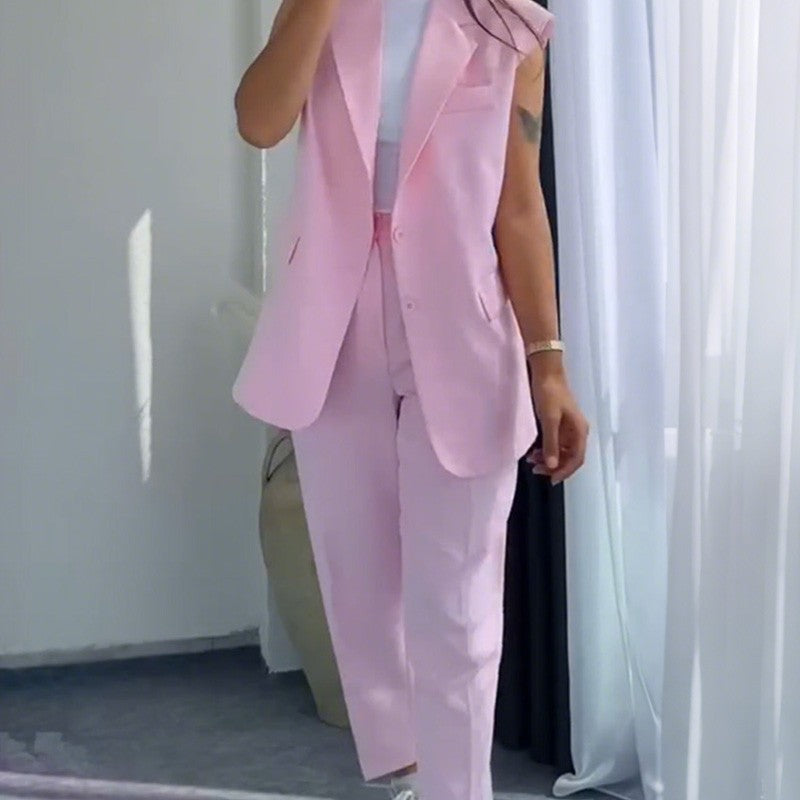 Dames Stylish Mouwloze Blazer & Hoog Getailleerde Broek Set