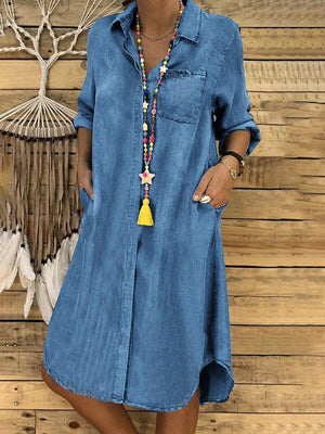 Dames overhemdjurk - Denim - Knielengte - Lange mouwen - Relaxed Fit