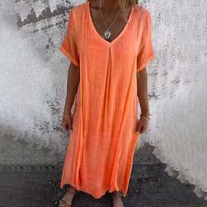 MaxiBreez - Vestido suelto de lino de algodón para mujer con cuello en V