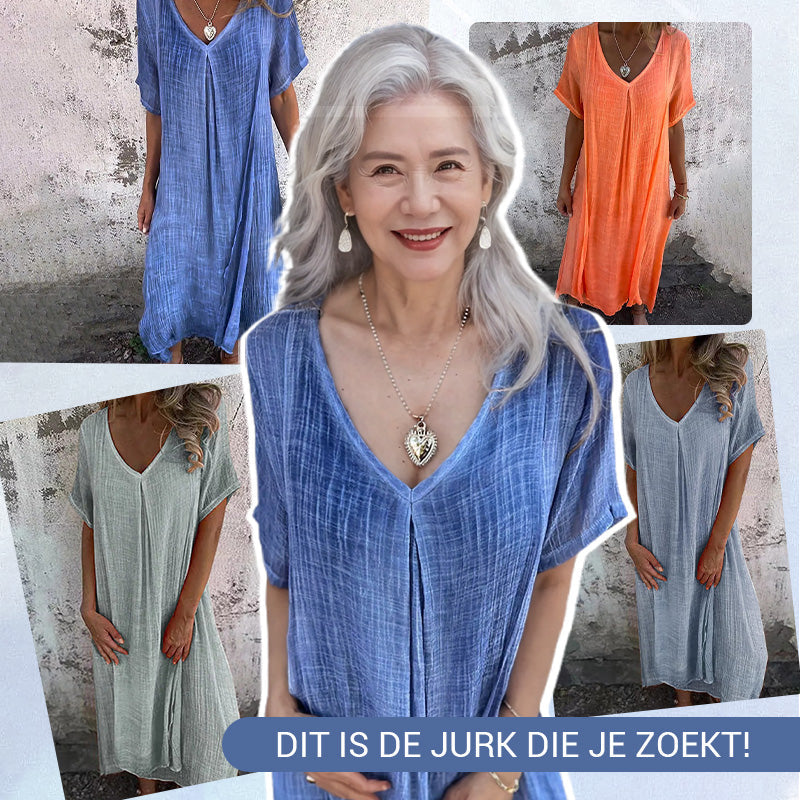 MaxiBreez - Vrouwen Loose V-hals Katoenen Linnen Jurk