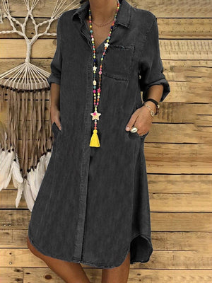 Dames overhemdjurk - Denim - Knielengte - Lange mouwen - Relaxed Fit