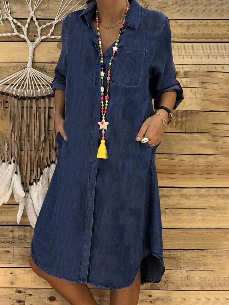 Dames overhemdjurk - Denim - Knielengte - Lange mouwen - Relaxed Fit