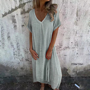 MaxiBreez - Vestido suelto de lino de algodón para mujer con cuello en V