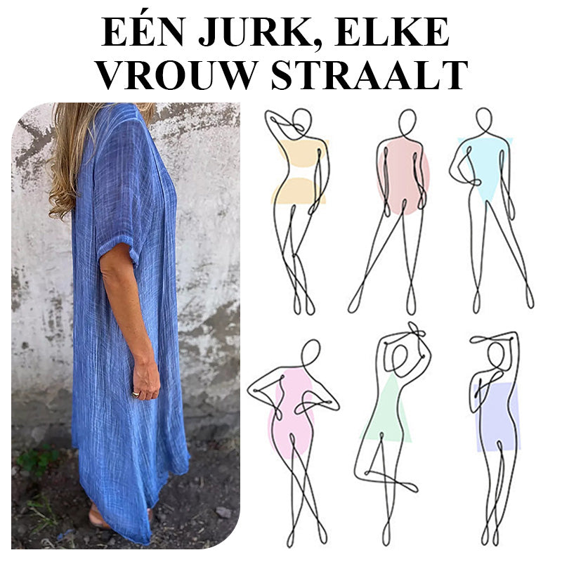 MaxiBreez - Vrouwen Loose V-hals Katoenen Linnen Jurk