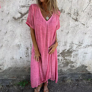 MaxiBreez - Vestido suelto de lino de algodón para mujer con cuello en V