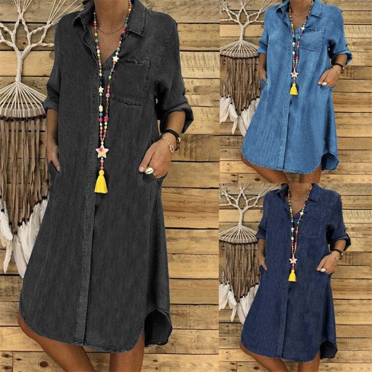 Dames overhemdjurk - Denim - Knielengte - Lange mouwen - Relaxed Fit