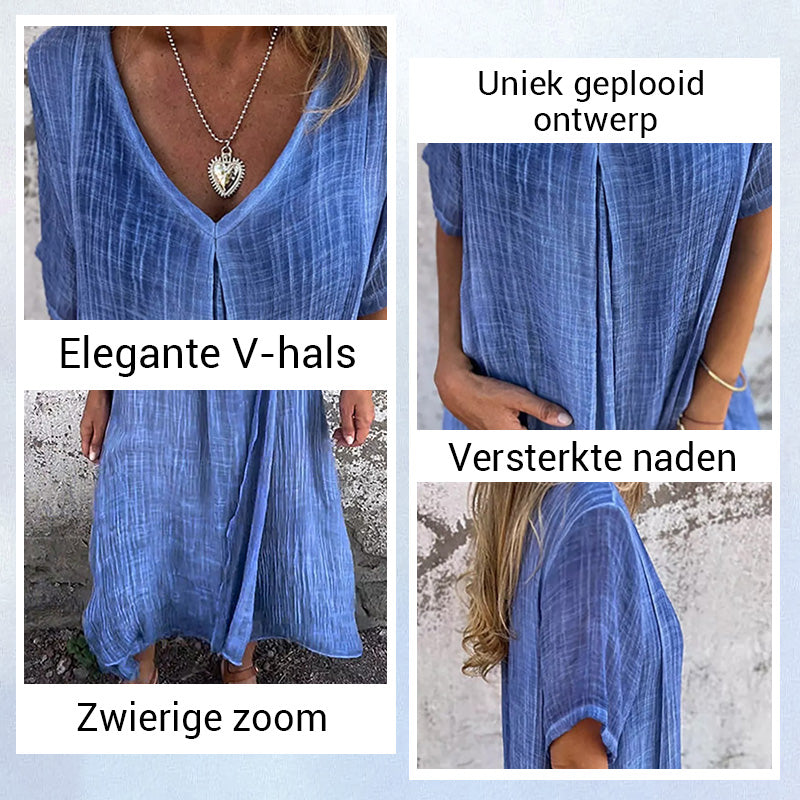MaxiBreez - Vrouwen Loose V-hals Katoenen Linnen Jurk